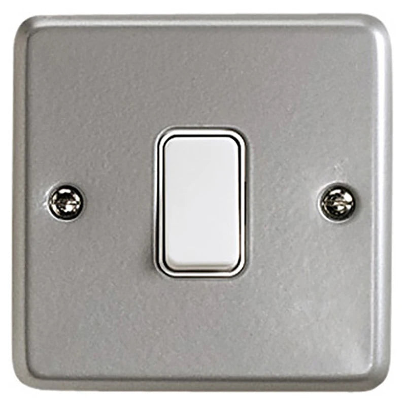 MK Metalclad Plus 10AX 1-Gang 2-Way Light Switch — Aluminium / White Inserts