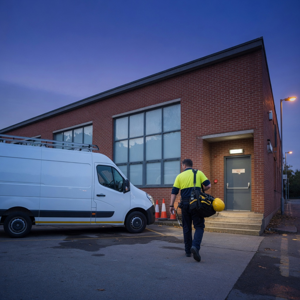 UK emergency fire alarm call-out — engineer attending commercial site