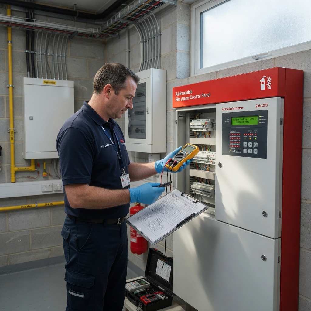 UK fire alarm commissioning and service engineer at control panel