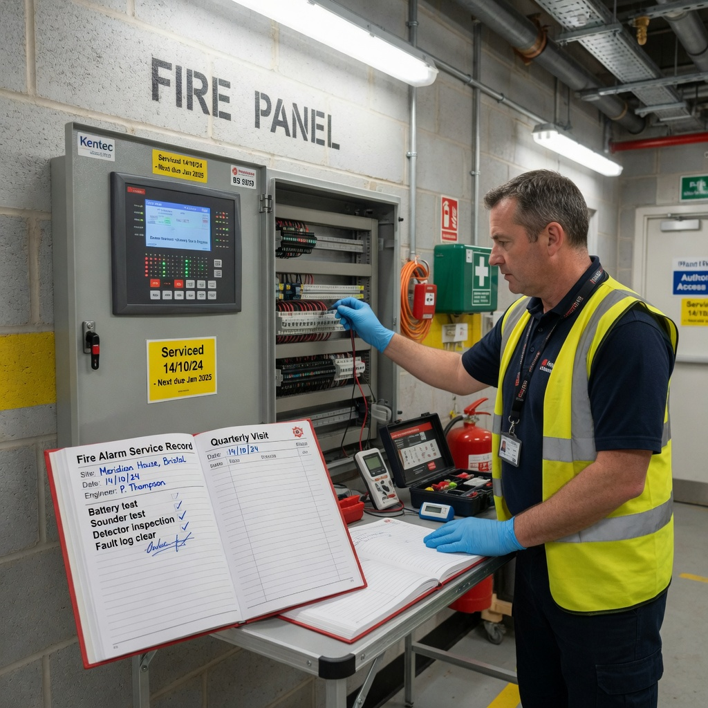 UK fire alarm maintenance contract — engineer with service logbook